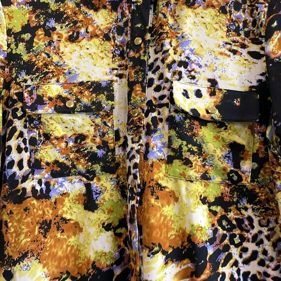 BCBGMaxAzria Black Yellow Gold Leopard Print Snap Up Blouse Size XL - Picture 2 of 8